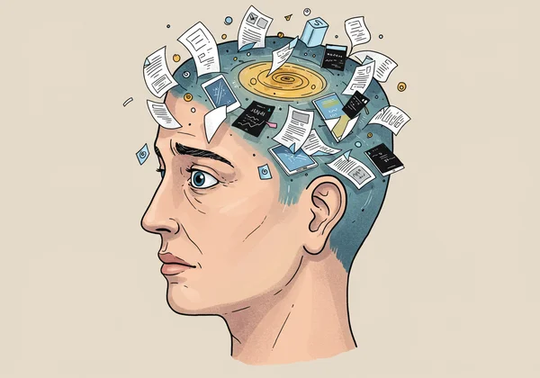 Person feeling overwhelmed with many thoughts and tasks