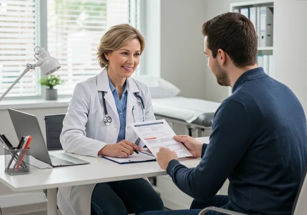 Adult discussing online test results with a doctor