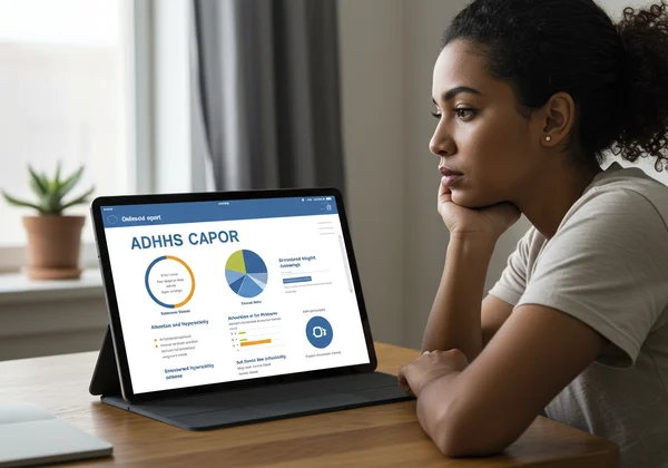 Person gaining clarity from an ADHD screening report on screen
