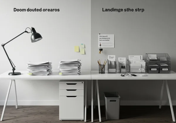 Organized desk with clear bins, reducing clutter