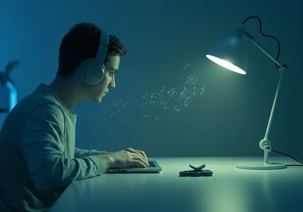 Calm, sensory-friendly workspace with headphones