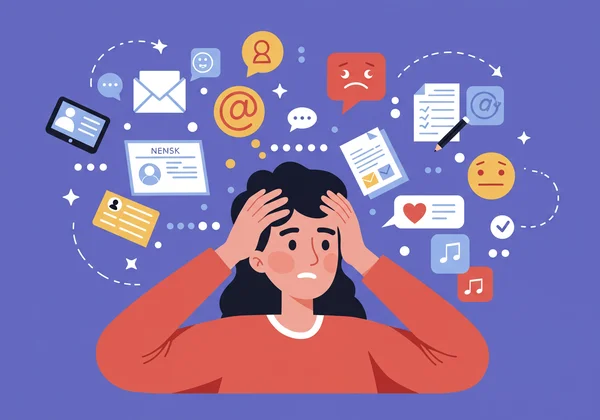 Adult feeling overwhelmed by tasks, thoughts scattered