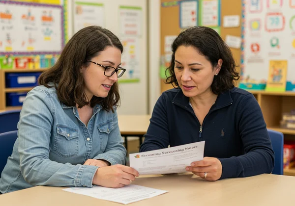 Parent and teacher discussing child's ADHD support