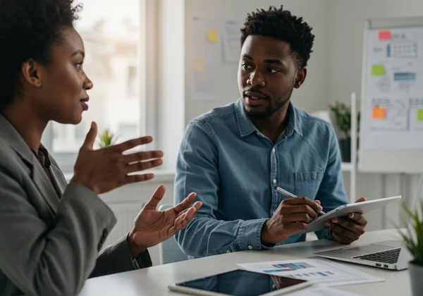Professionals practicing active listening and effective communication.