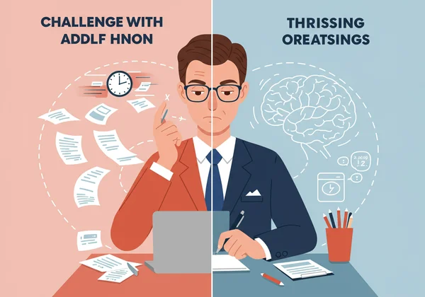 An adult navigating career challenges with ADHD, finding balance.