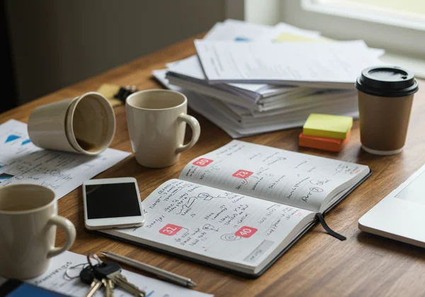 Messy desk with forgotten items, representing executive dysfunction