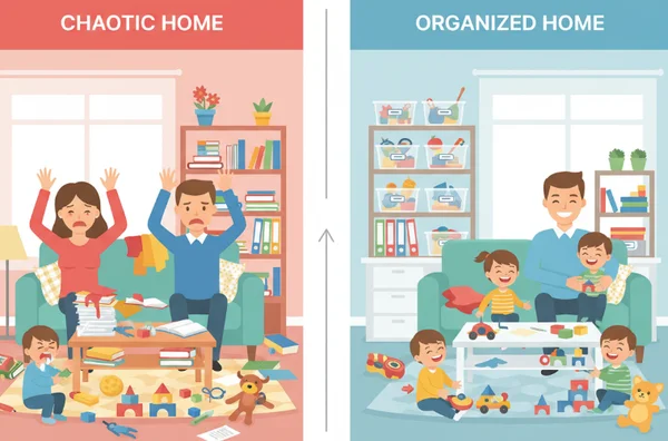 Family in a calm, organized home vs. a cluttered one