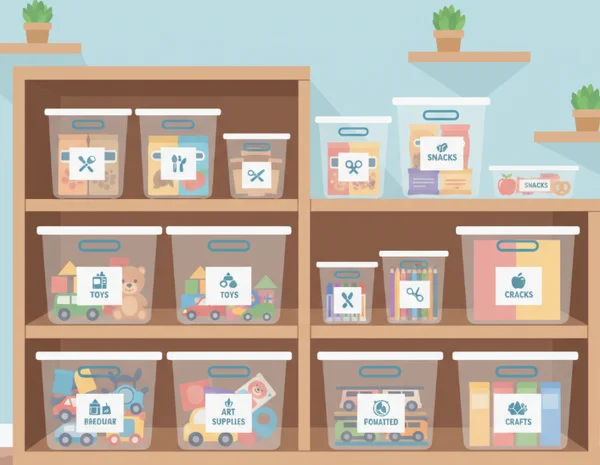Clear bins and labels for ADHD home organization